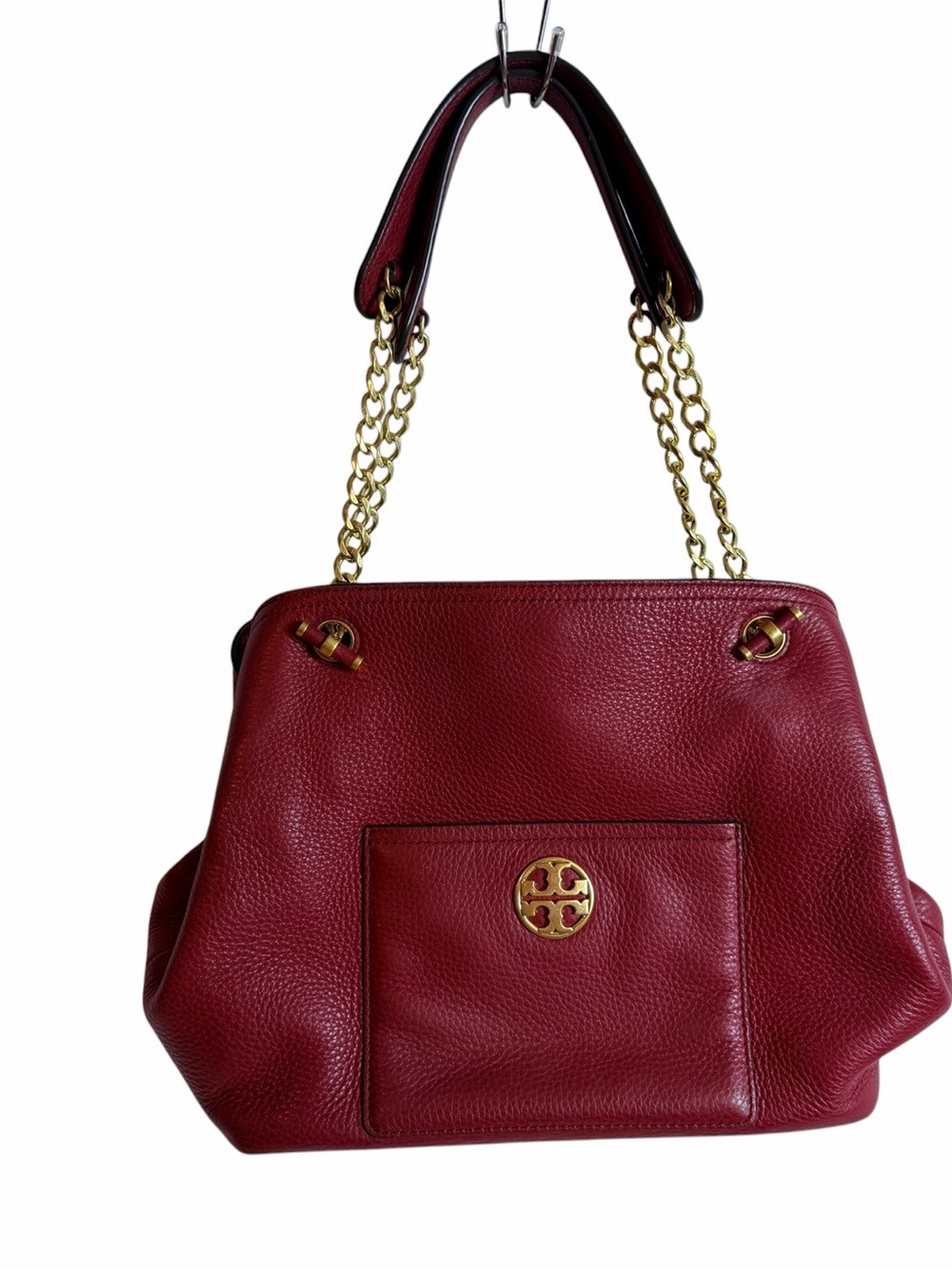 Tory Burch Deep Red Pebbled Leather Gold Chain Shoulder Bag with TB Dust Cover